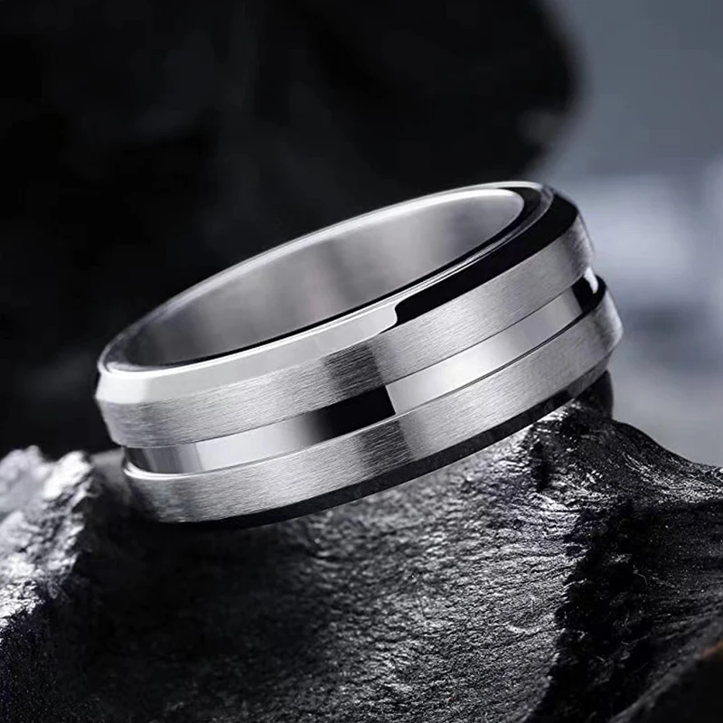 8mm Stainless Steel Wedding Band Ring for Men And Women Purple Groove Beveled Edge Fashion Engagement Ring Valentine's Day Jewel