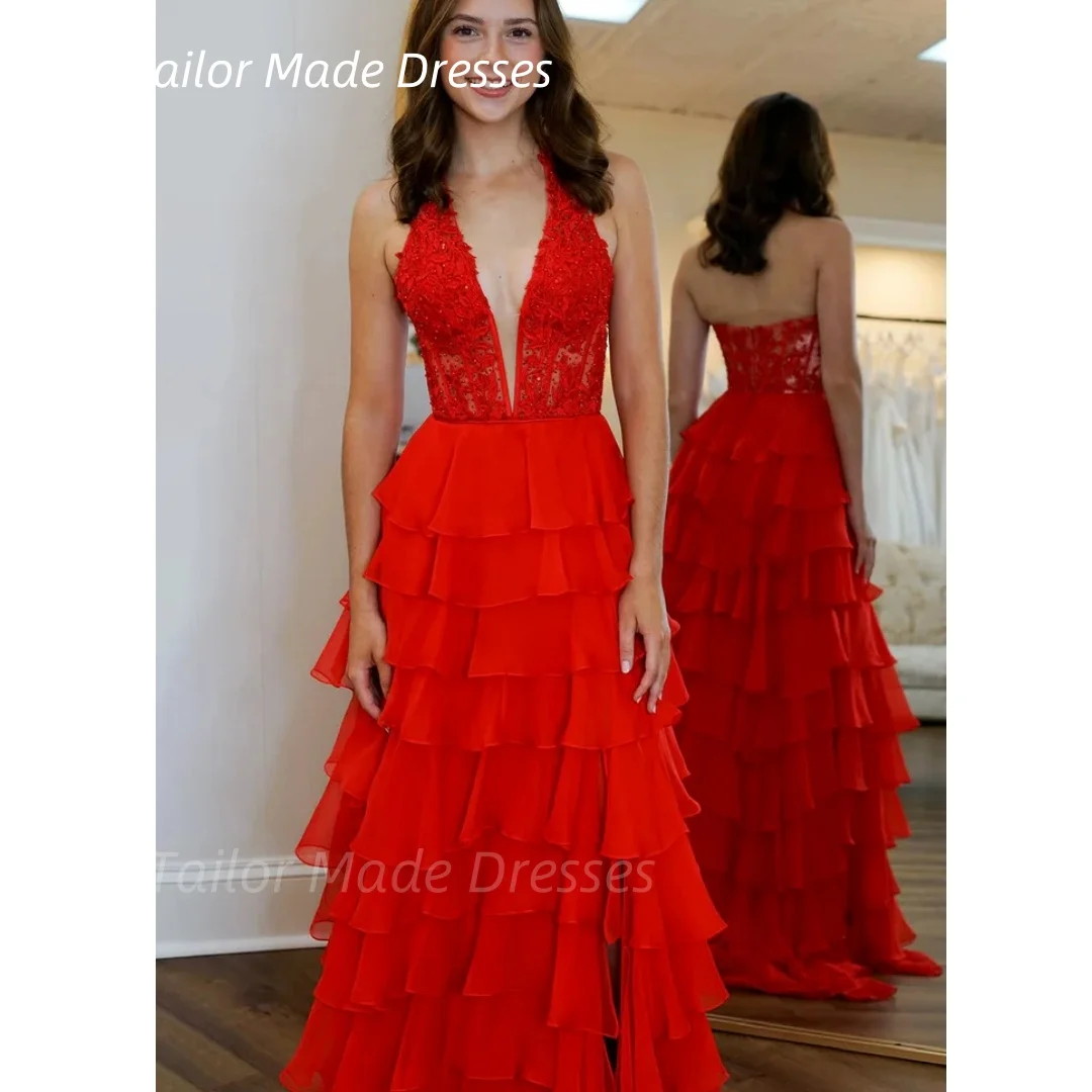 

Long Tiered Chiffon Prom Dress With Slit Customized Red A-Line Evening Gown Halter Backless Sexy Birthday Party Wear