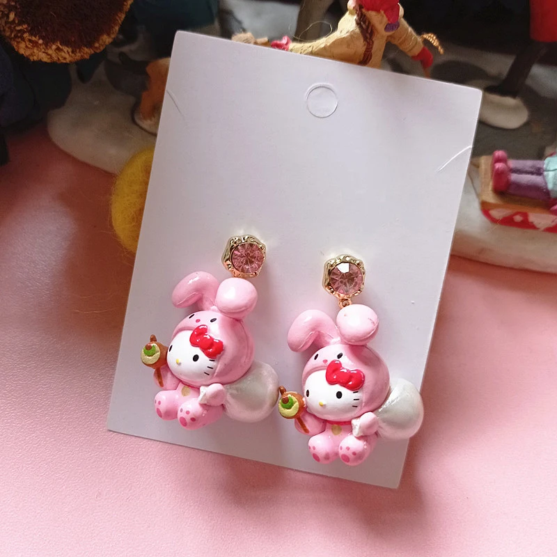 Sanrio Strawberry Hello Kitty Resin Earrings Cute Drag Cat Girl DIY Fashion 925 Silver Earrings Earrings Lovers Birthday Gifts