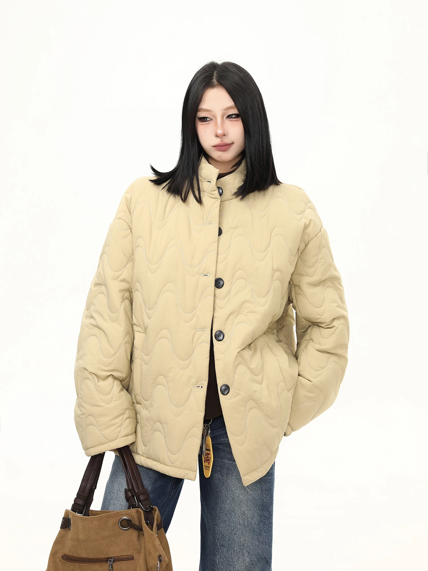 

Wild Azi Winter Thiened Cotton Jaet женское свободное модный волнистый дизайн универсальное хлопковое пальто Street Sle Long Sve