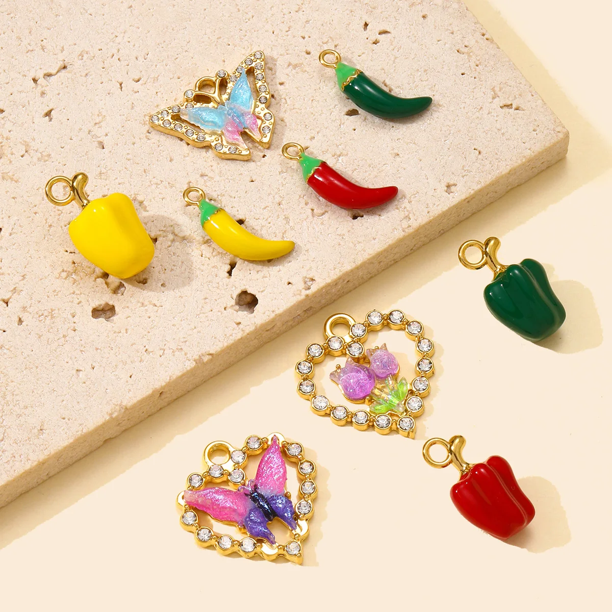 3Pcs/Lot Stainless Steel Pepper Pendants Enamel Butterfly Charms For DIY Fashion Jewelry Making Earring Wholesale