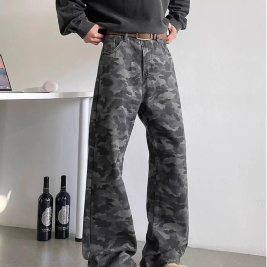 

Мужские джинсы в американском ретро-стиле с камуфляжным принтом, широкие штанины, весна-лето, свободные повседневные рабочие брюки прямого кроя, в стиле лесоруба