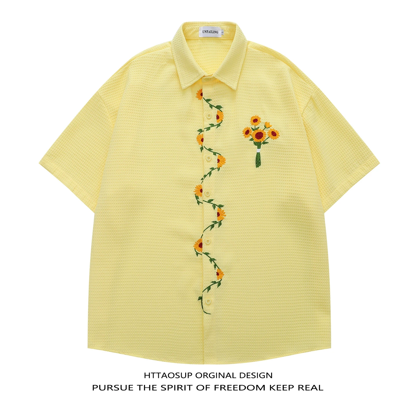 HTTAOSUP Summer Retro Sunflower Embroidery Short Sleeve Loose Fit Men's And Women's Shirt Casual Style Polyester Fiber