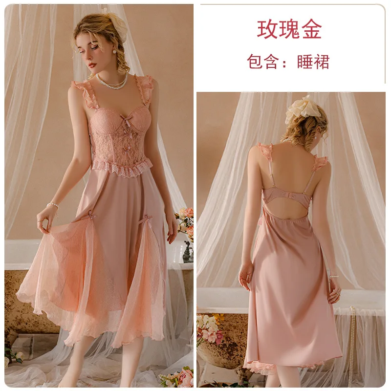 Plus Size Sexy Lace Underwire Padded Slip Dress with Long French Robe Sheer Mesh Nightgown Sleepwear Lingerie Set Women J2670 view 5