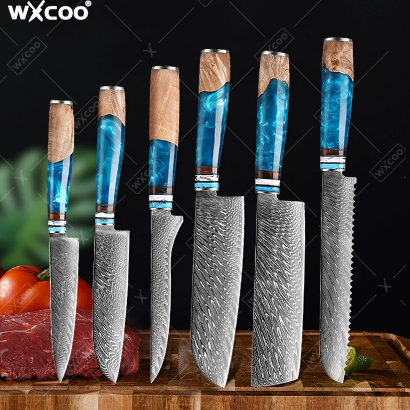 

Профессиональный набор кухонных ножей из дамасской стали VG10, ножи шеф-повара для очистки фруктов, мяса, нож для обвалки, синяя ручка из смолы