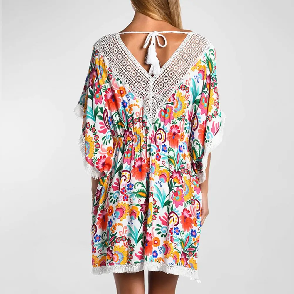 Capa de vestido de praia com estampa floral colorida para mulheres, rendas, mangas de morcego, proteção solar, anti-uv, férias, v