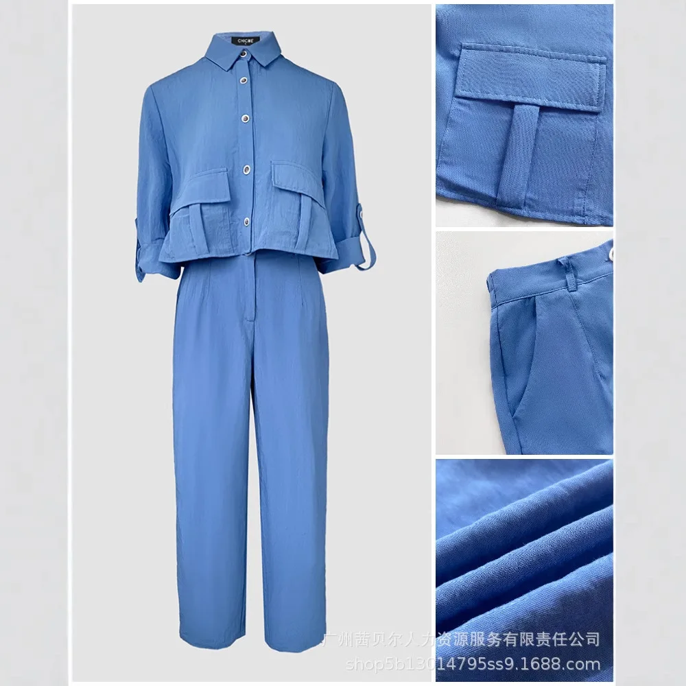 المرأة قطعتين مجموعة بانت مجموعات قميص واحدة الصدر تقسم طويل مجموعة بناطيل رجالي الصلبة كم كامل جيوب Y2k الشارع الشهير صيف 2025