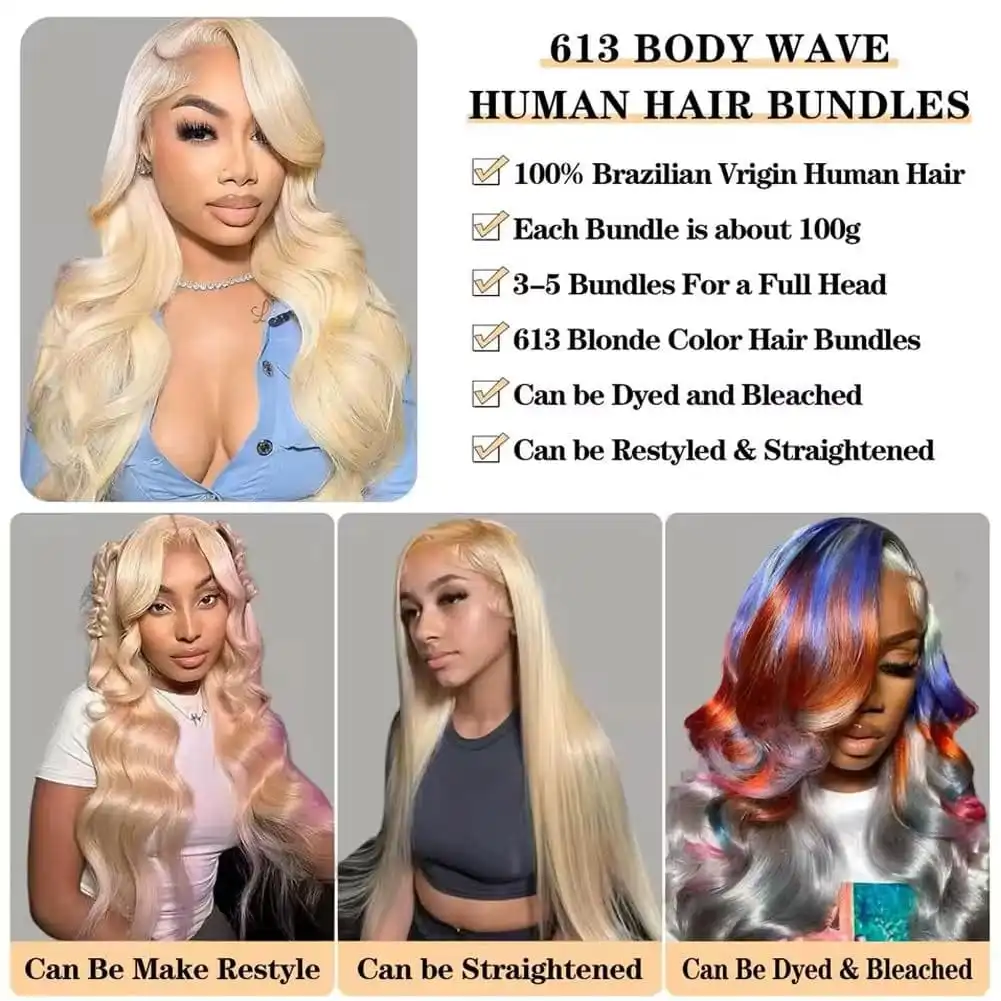 613 Blonde Bundles Body Wave Human Hair 22" 24" 26" 12A Grade 613 Blonde Body Wave Human Hair 3/4 Bundles Unprocessed Virgin Vietnamese Human Hair Bundles image 6