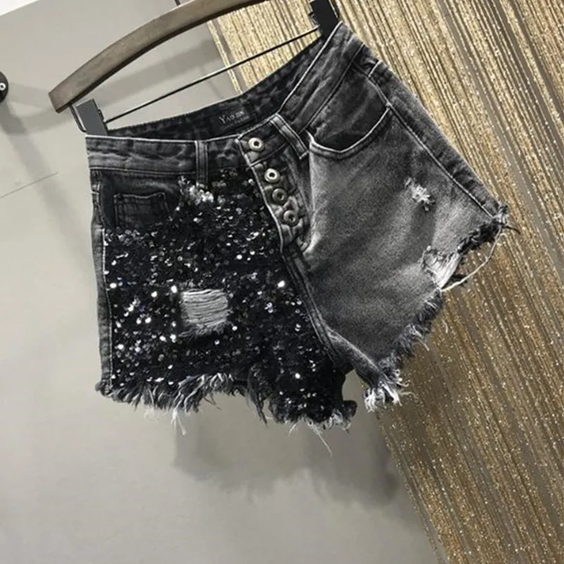 Sommer Pailletten Denim Shorts frauen Hohe Taille Große Größe Loch Mode Patchwork Shorts Mädchen High Street A-line Hot Pants