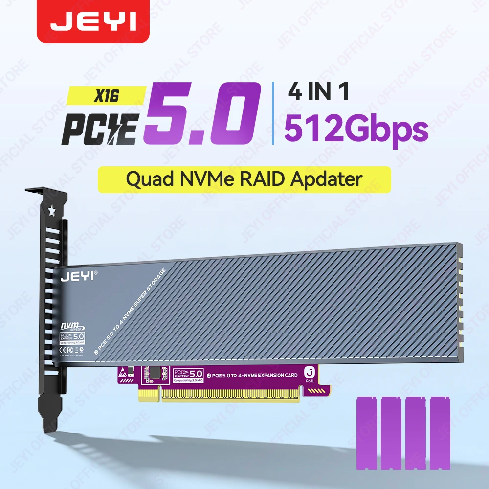 JEYI 4 Bay PCIe 5.0 X16 to M.2 NVMe Expansion Card 512Gbps 4-Slot NVMe RAID Card with PCIe 5.0/4.0 Support Aluminum Casing Cool