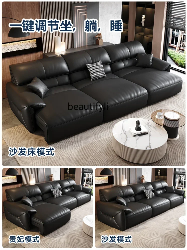 

D80 Leather electric function sofa bed simple living room first layer cowhide sofa Italian minimalist