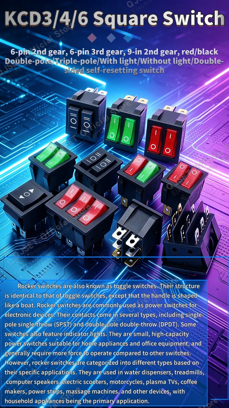 1 Stück KCD3/4/8 Dual 6-Pin/Dreifach 9-Pin 2/3-Gang Netzschalter, Rot/Grün Beleuchteter EIN-AUS-EIN Elektro-Wok-Schalter 15A 250V 20A – Detail 1