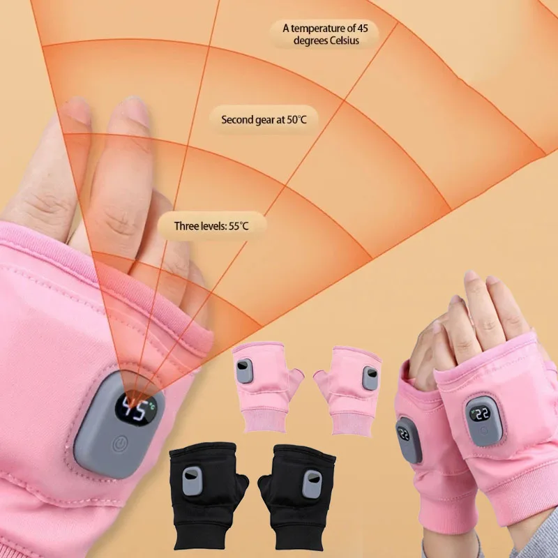 1Pair Unisex Winter Waterproof Half Finger Gloves Long-Lasting USB Rechargeable Heating Mittens for Men Women Accessories