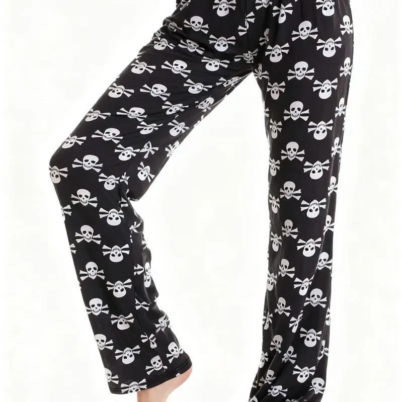 Black Gothic Skeleton Print Sleep Pants Slim Figure Flattering Lazy Aesthetic Loose Casual Lounge Trousers Relaxed Home Pajama B