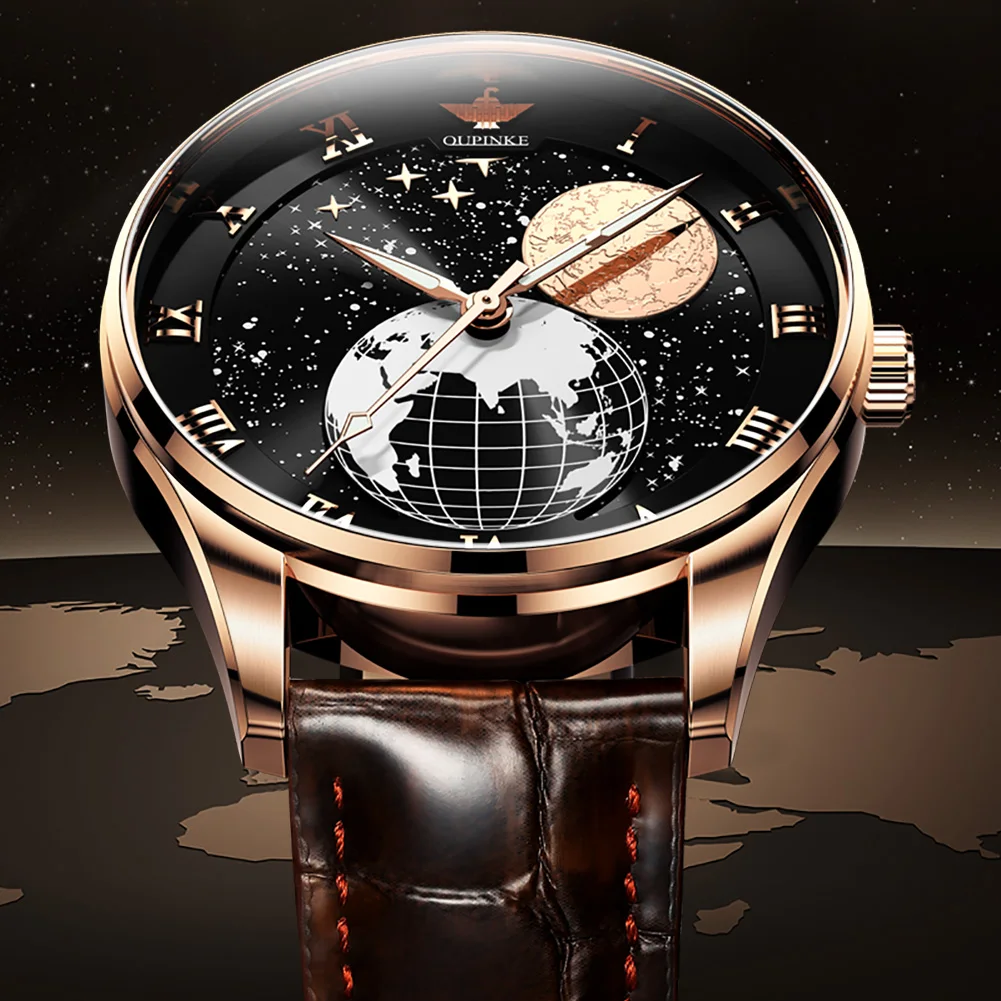 OUPINKE 3177 Brand Automatic Mechanical Watches for Men Fashion Rotation Luminous Moon Phase Wristwatches Luxury Man Watch