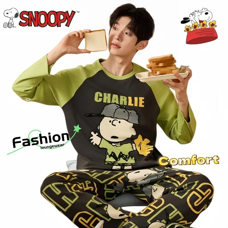 Пижамы Снупи, милый мультяшный стиль, модный мужской весенне-осенний комплект из чистого хлопка с длинными рукавами, большие размеры, молодежный комплект домашней одежды