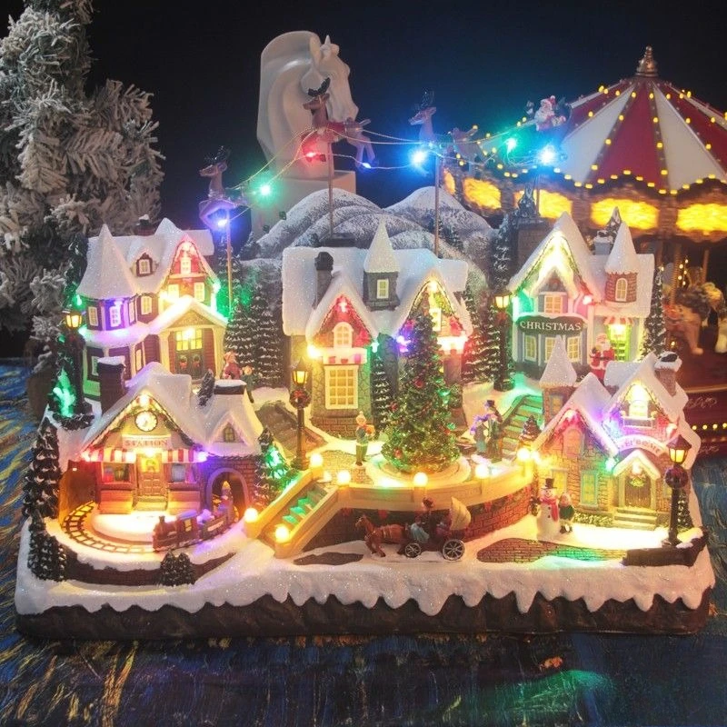

Christmas gift old man snow mountain lamp train large collection music box ornament