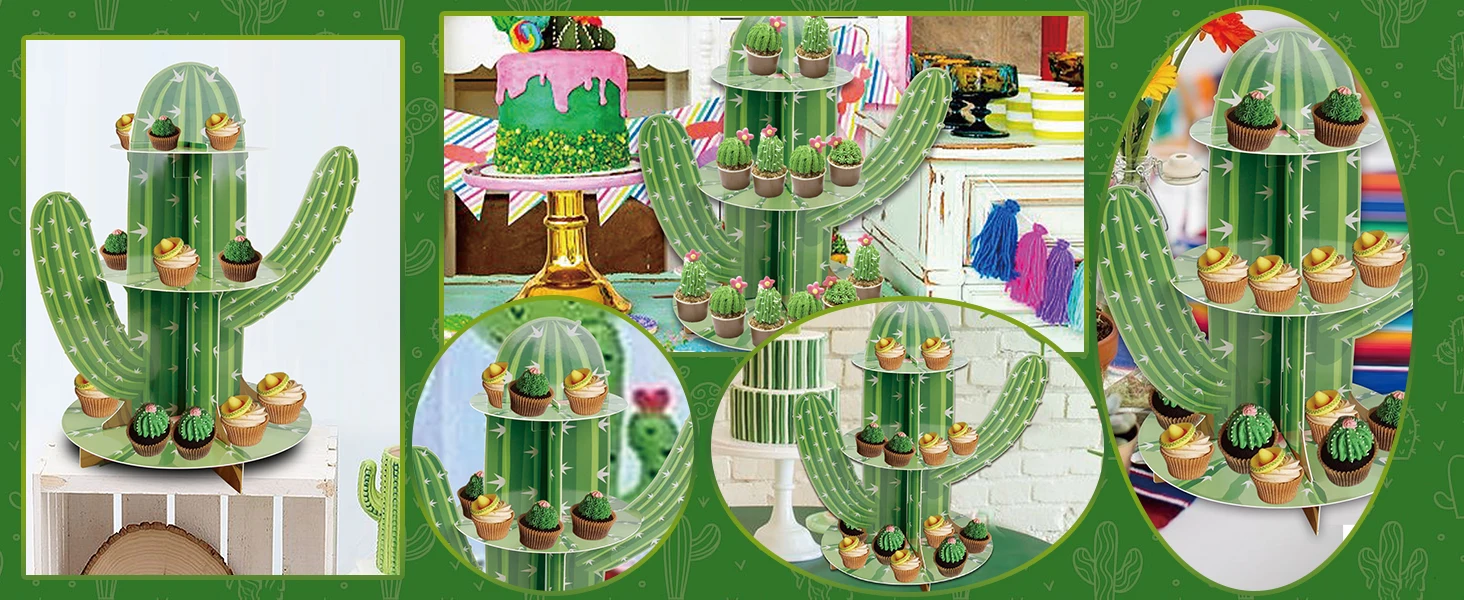 3-stufiger Kaktus-Cupcake-Ständer, grüner Cupcake-Ständer in Kaktusform, mexikanische Fiesta-Party-Dekorationen, Partyzubehör für die Tag der Toten, Cinco de Mayo – Detail 4