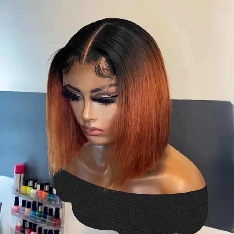 Ombre Orange Brown 180 Density Short Bob PrePlucked 16 inch Straight Lace Front Wigs For Women Babyhair Deep Glueless Daily