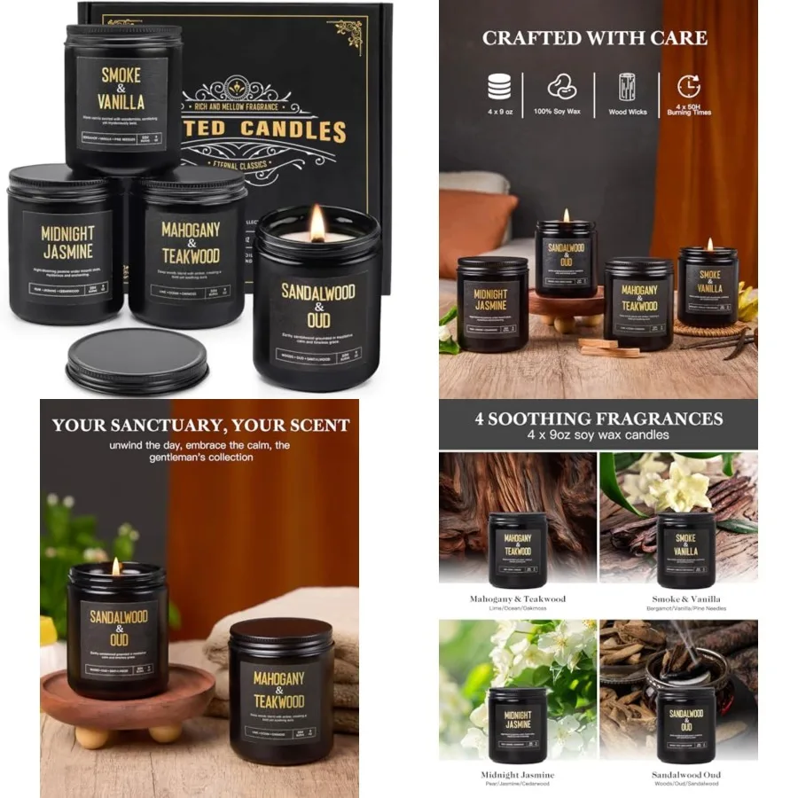 

Ароматические свечи с деревянным фитилём для мужчин: набор из 4 штук, 36 унций, соевые, ароматизированные, для дома, до 200 часов горения, мужественный аромат.