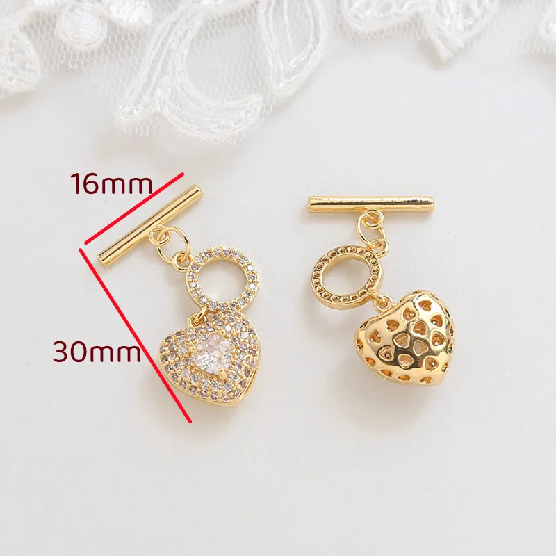 2Set High Quality 18K Gold Color Brass and Zircon Heart Shape O Toggle Clasps Bracelet Connect Clasp Diy Jewelry Making Necklace