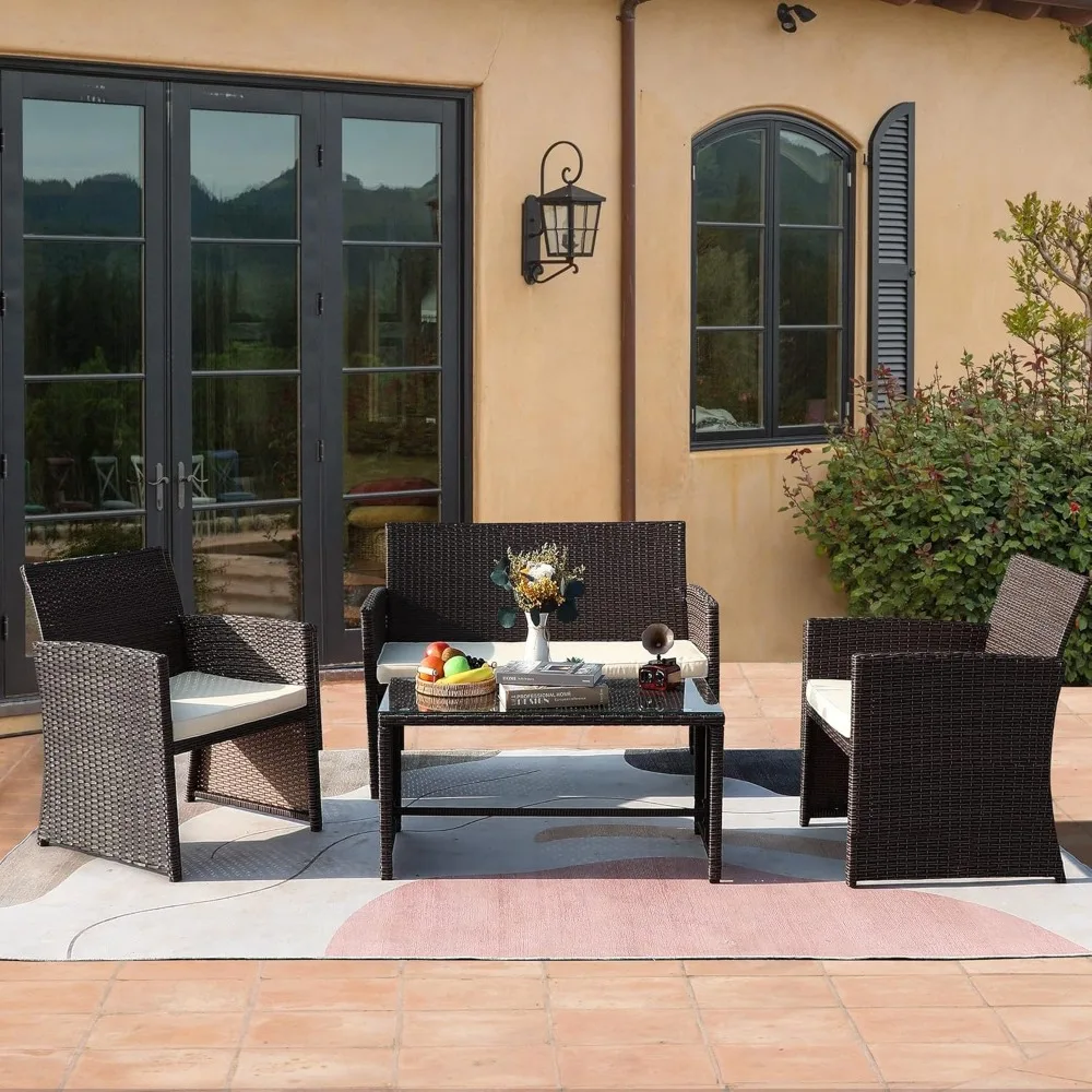 

Courtyard Dialogue Set 4-piece set, outdoor courtyard furniture, black+blue rattan, with blue cushion