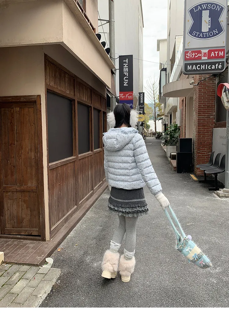 Korean Cropped Polka Dot Hooded Cotton-padded Jacket Women Zip Up Casual Winter Warm Outerwear Woman Sweet Cute Puffer Jackets