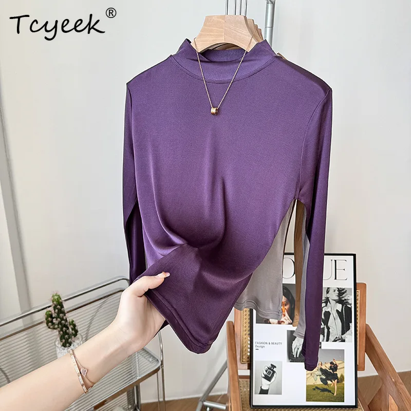 تي شيرت Tcyeek-Elegant Knit للنساء، حرير طبيعي 100%، كم طويل، رقبة وهمية، قميص مكتب للتنقل، خريف وشتاء T40408QM