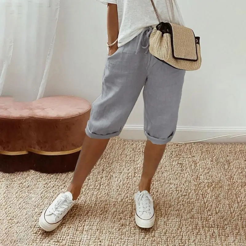 Knee Length Bermudas Shorts Cotton Linen Shorts Women Casual Loose Gym Shorts Drawstring Elastic Waist Summers Shorts