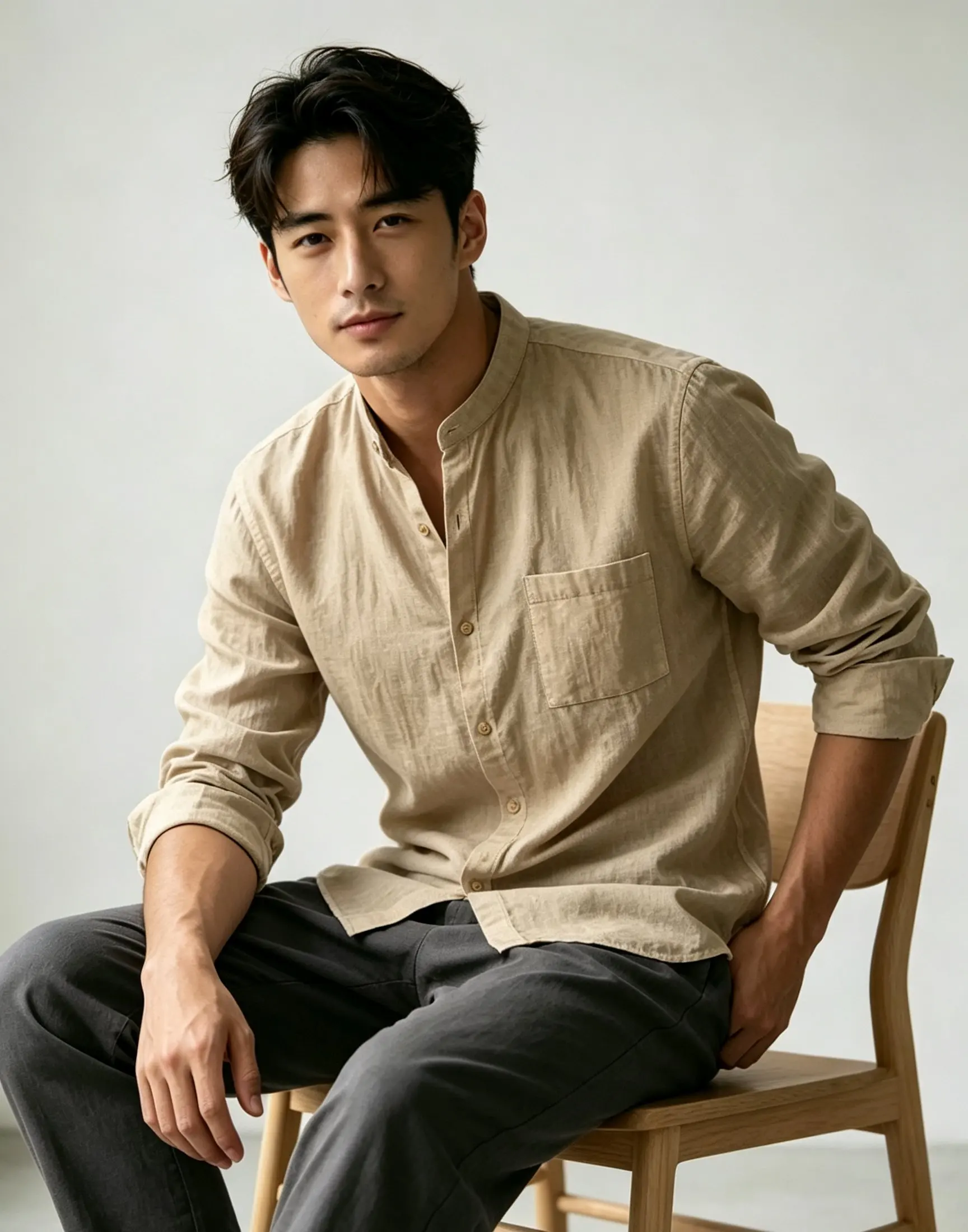 Minimalist Men's White Linen Button-Down Shirt, Stand Collar, Modern Office & Weekend Essential