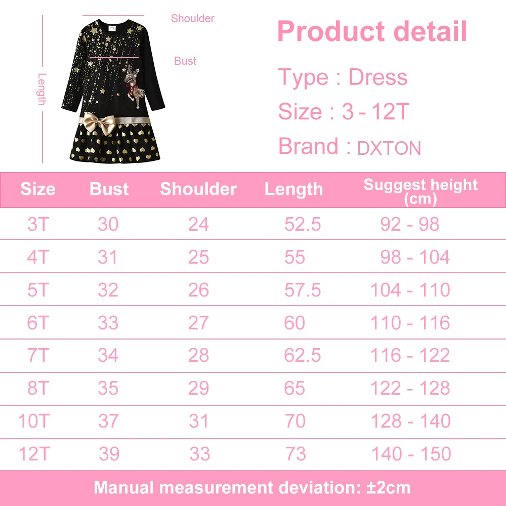 DXTON Kids Christmas New Year Gift Dress Girls Elk Sequined Appliqued Dress with Bow Knot Girls Golden Shiny Xmas Party Dresses