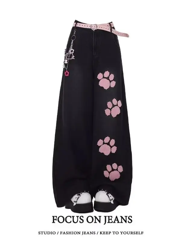 

Retro American Street Sweet Claw Embroidery Black Jeans Men Women Slim Loose Straight Floor-Length Trousers Trendy