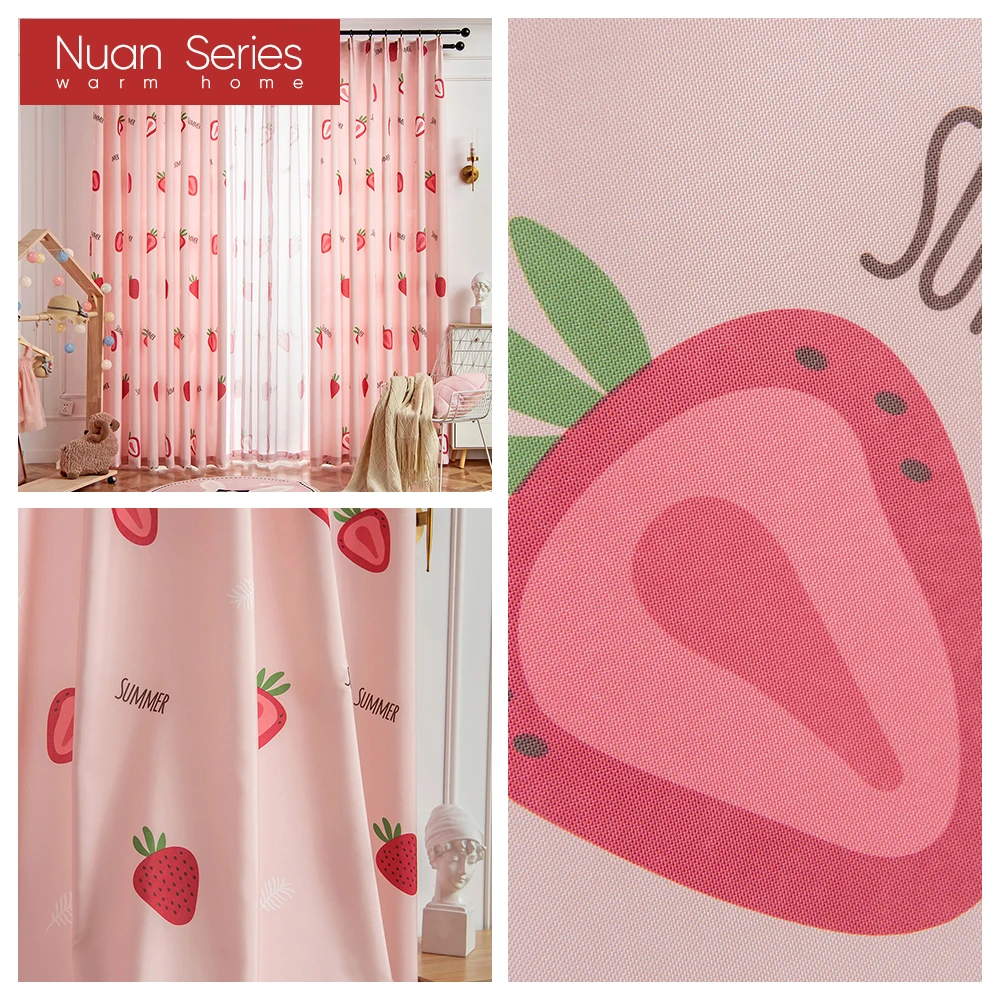 1PC 70-80% Blackout Cute Strawberry Pattern Pink Printing Blackout Curtain For Living Room Girl Bedroom Home Decor Nuan Series