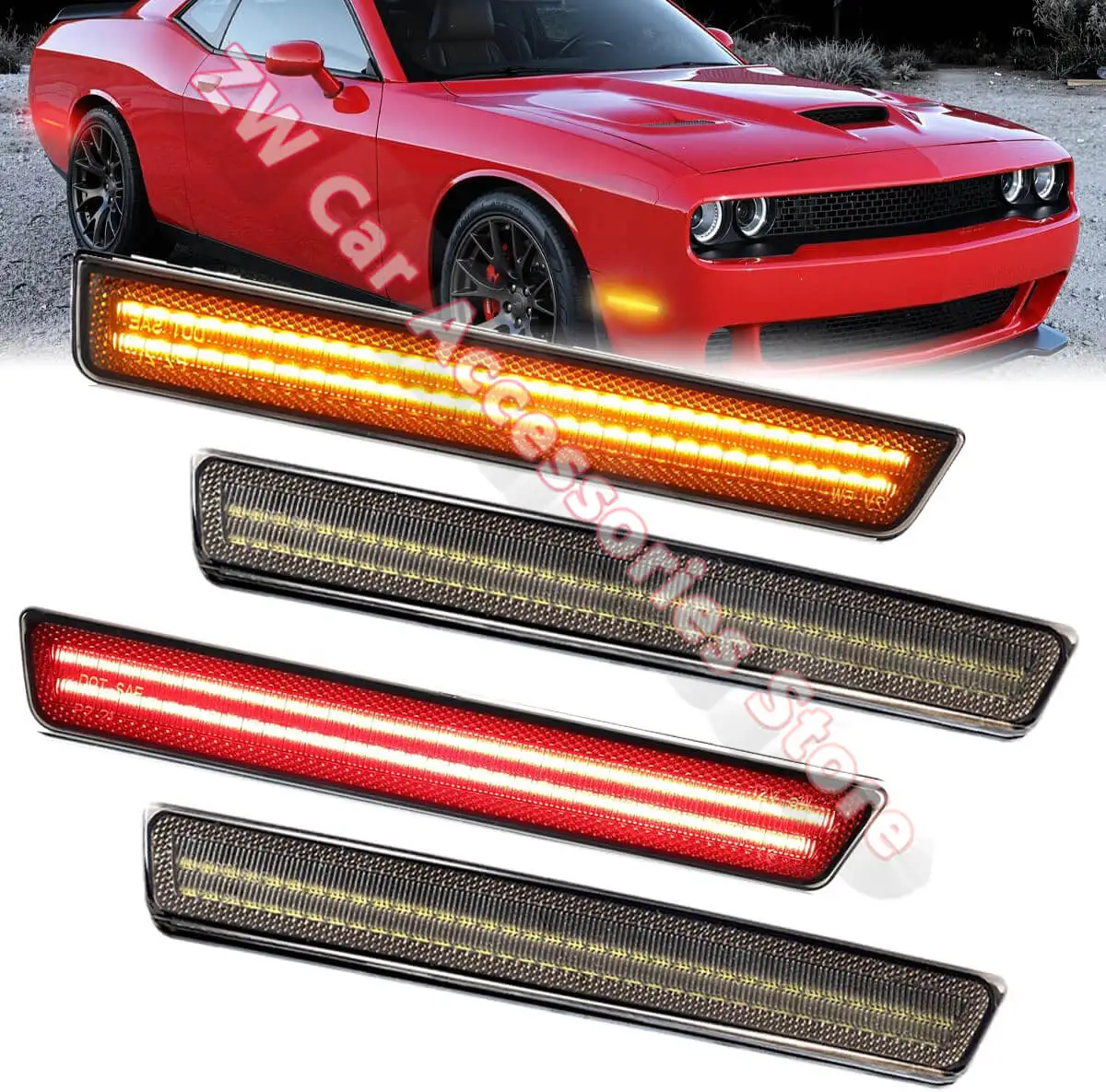 

for Dodge Challenger 2015-2023 Smoked Lens LED Side Marker Lamp Amber Front Red Rear Side Fender Reflector Lights 12v