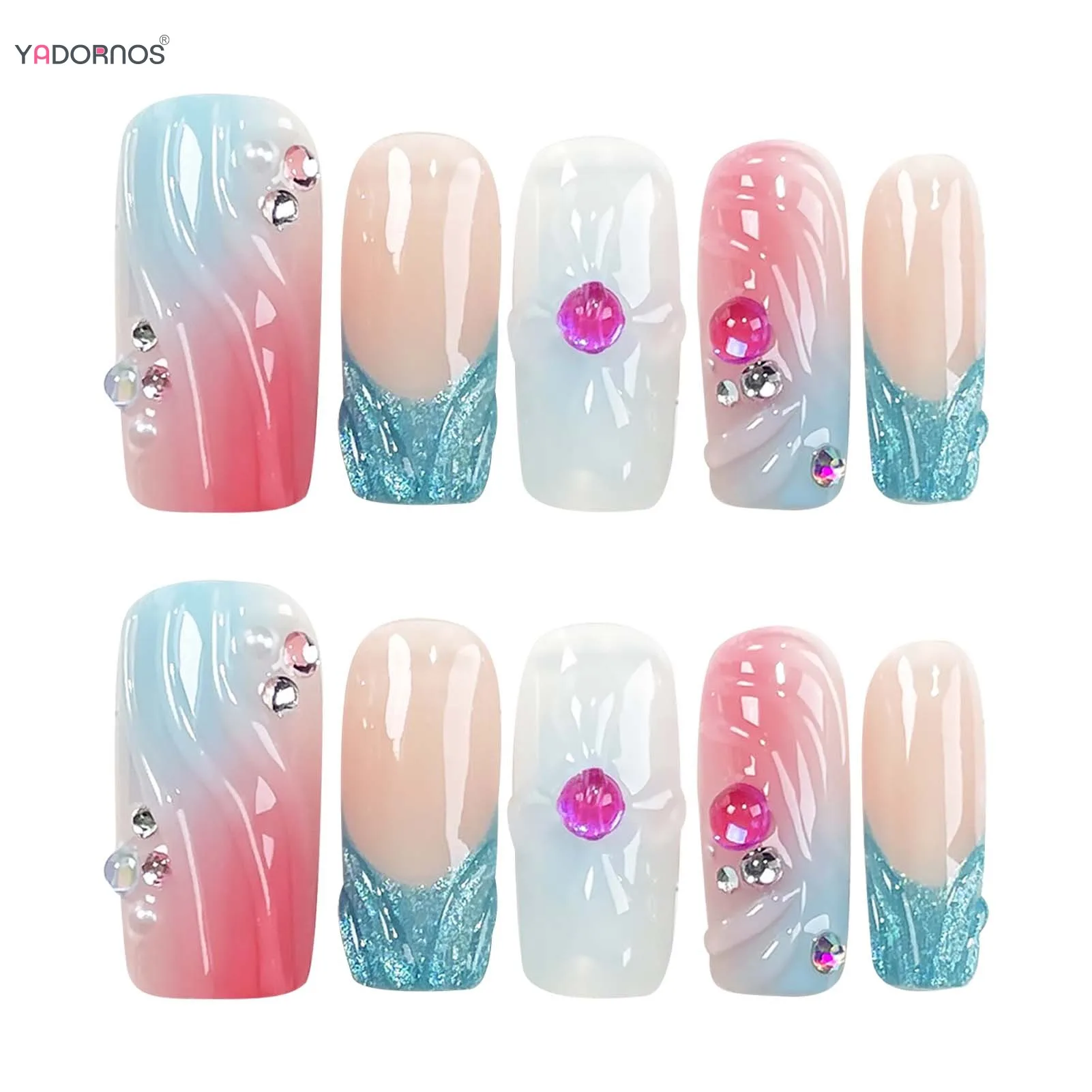 10 stücke handgemachte Presse auf Nägeln Französisch Stil langen Sarg bunten falschen Nagel mit glänzenden Diamant Dekor Sommer Nagel Maniküre Kunst