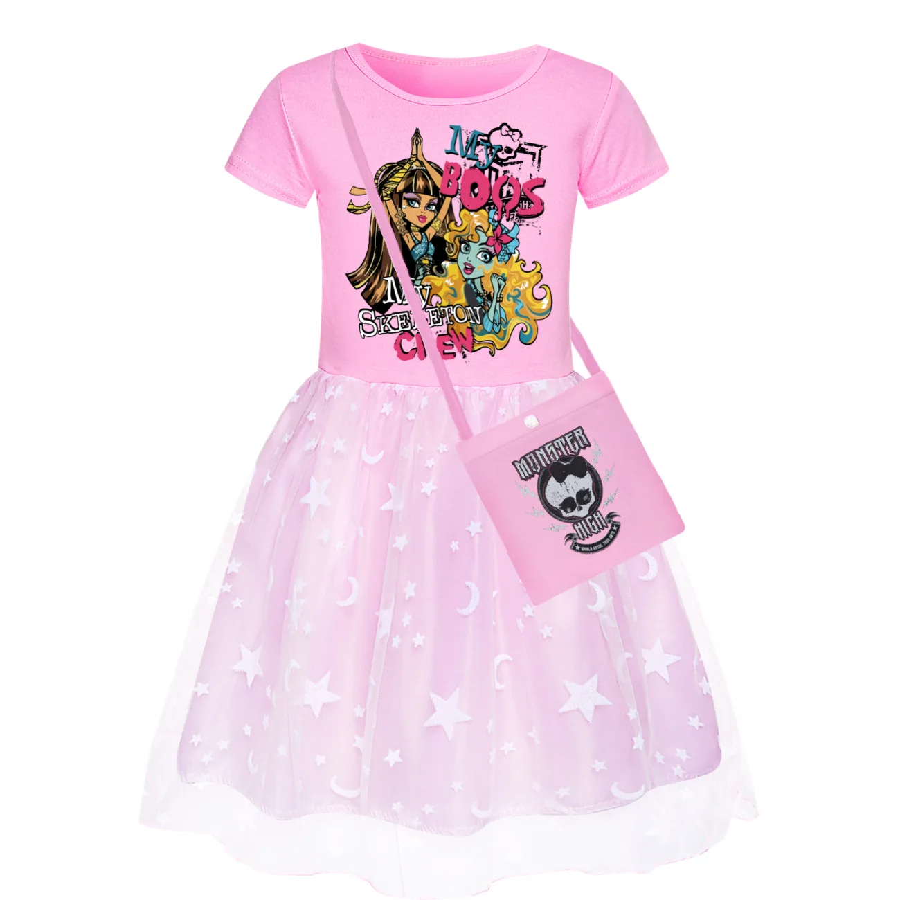 New Summer Monster High Clothes Cartoon Doll Frankie Stein Cosplay Costume Baby Girls Dress Bag Set Kawaii Kids Princess Dresses