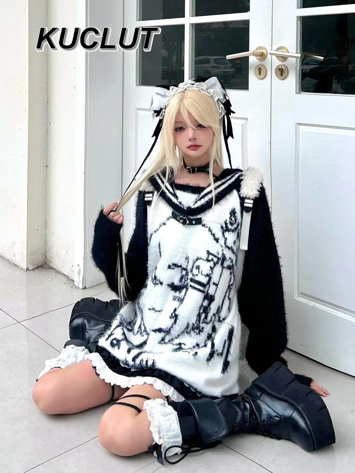 Темно-синий воротник, милая девушка, новинка 2025, осенне-зимние пуловеры, свитера для женщин, японский свободный легкий свитер в стиле панк, топ