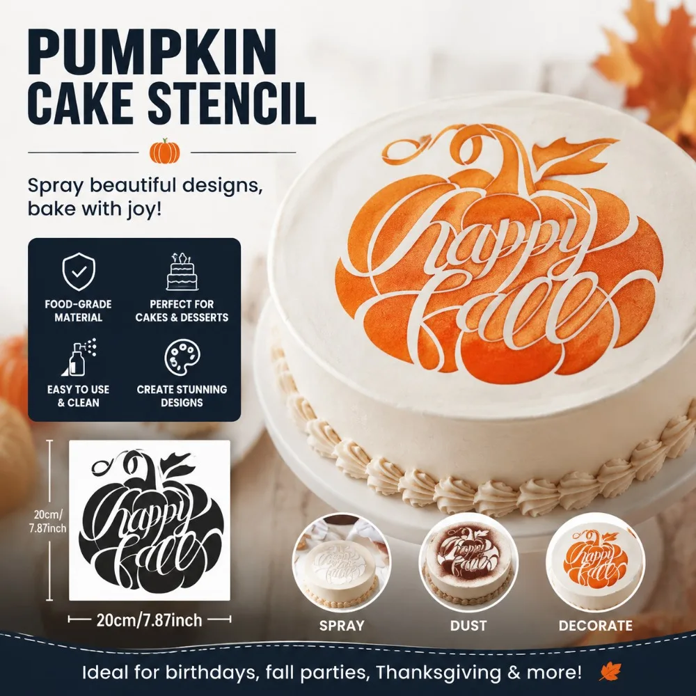 Happy Fall Pumpkin Cake Stencil, Food‑Safe PET Hollow Template, Reusable Decor for Fondant, Cookie & Autumn Party Desserts