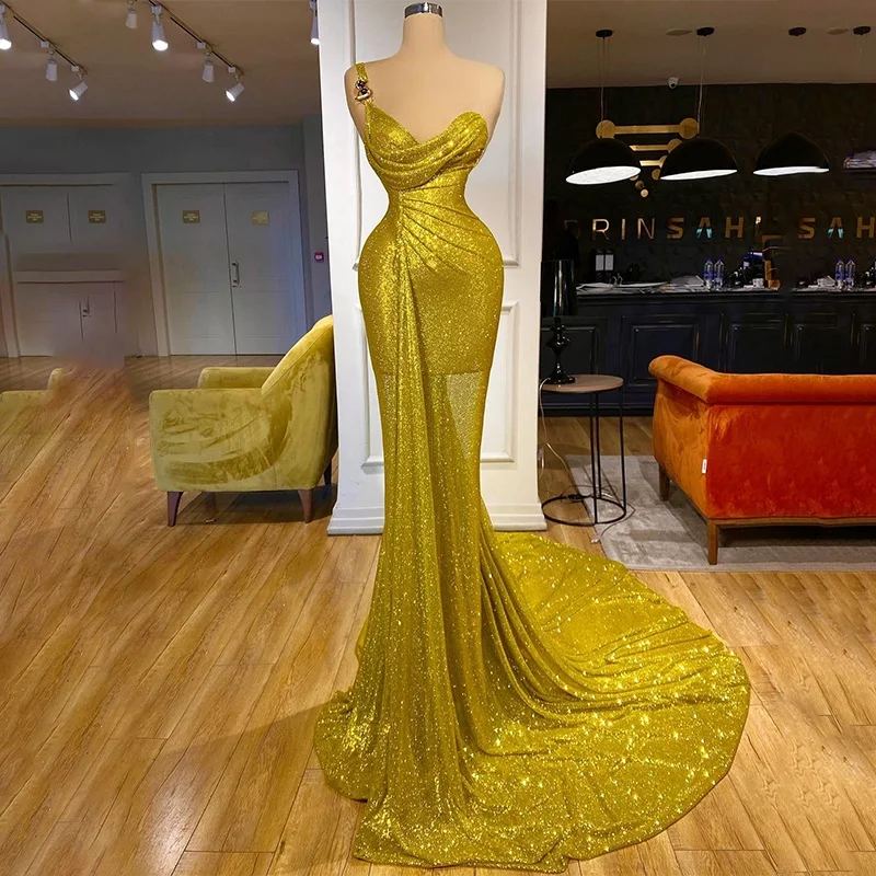 

Luxury Sequined Evening Dresses Golden One Shoulder Mermaid Prom Robe De Mariée Custom Made Formal Sweep Train Party Gowns