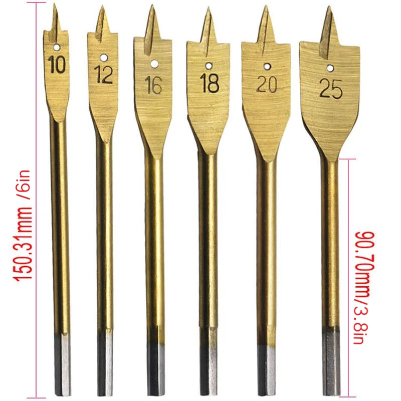 6PCS Titanium Coating Hex Shank Spade Bits Set Flat Boring Bit Wood Drill Bit Power Tools