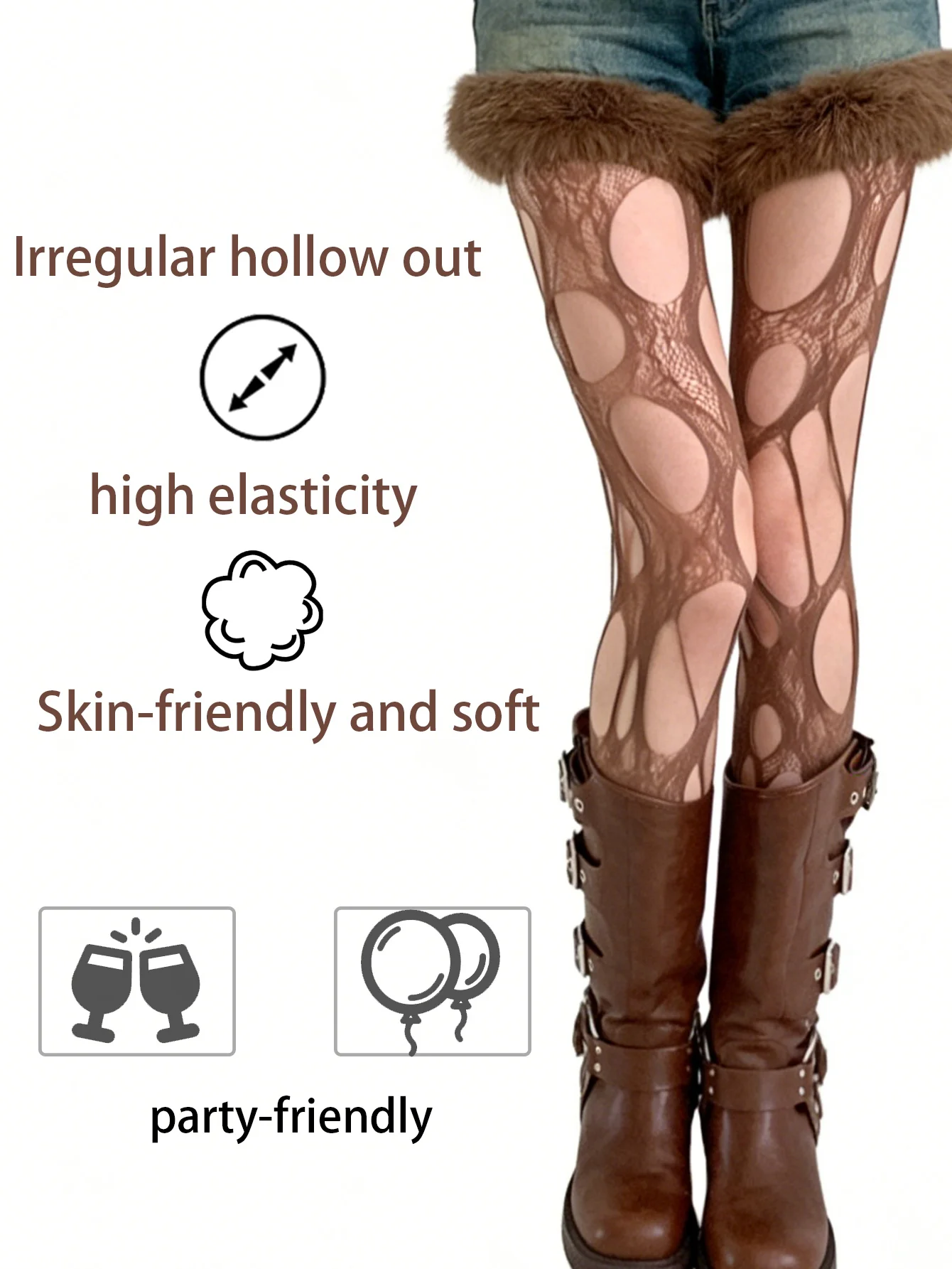 1 Pair Valentine's Day Women's Brown Vintage E-girl Irregular Cutout Ripped Fishnet Stockings Sexy Pure Desire Style Sheer Socks