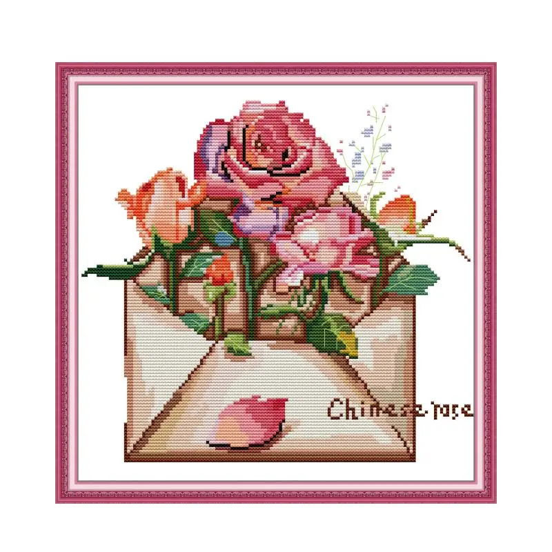 Flor Rosa em Envelope Ponto Cruz Kit, DIY Artesanato Bordado Artesanal, contagem impressa, inverno, neve, pássaro, 18ct, 14ct, 11ct