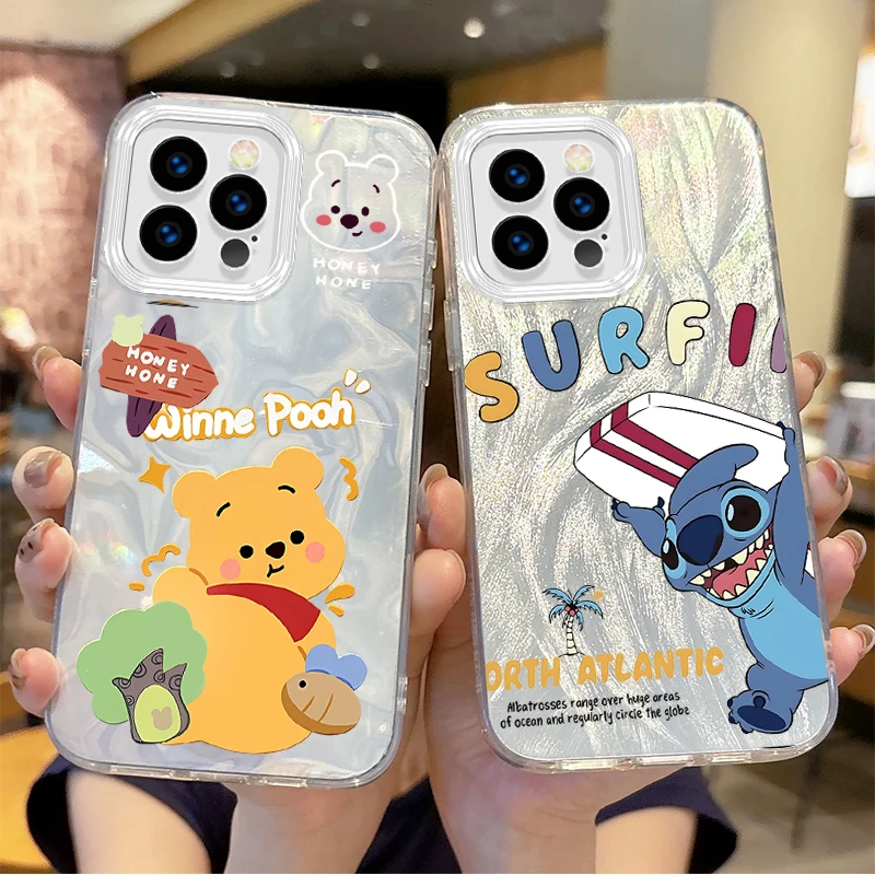 

Lovely Disney Pooh Bear Laser Phone Case for iPhone 16 15 14 13 12 11 8 7 6 Pro Max Plus XS XR TPU Shockproof Cartoon Hard Cover