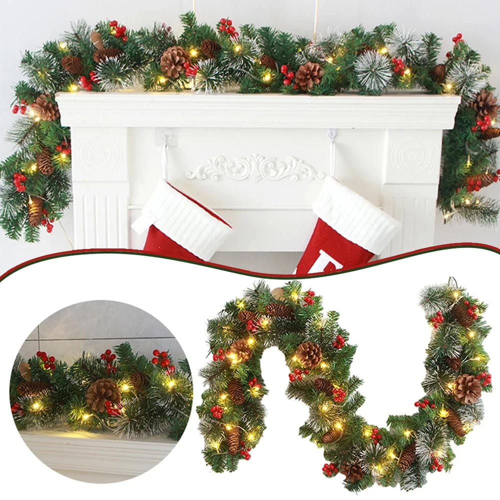 

Christmas Pvc Garland Pine Needle Mixed Dip White Red Fruit 1.8/2.7M Decor Rattan Fireplace Decor Lamp Included Without Battery