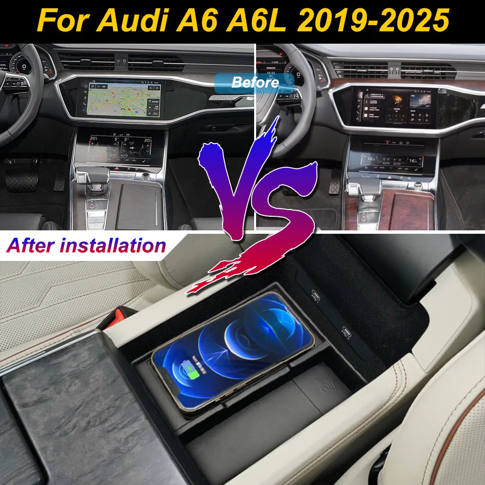 2 Din for Audi A6 A6L 2019-2025 Car Wireless Mobile Phone Charger Center Console Storage 18W iPhone fast charge plate holder