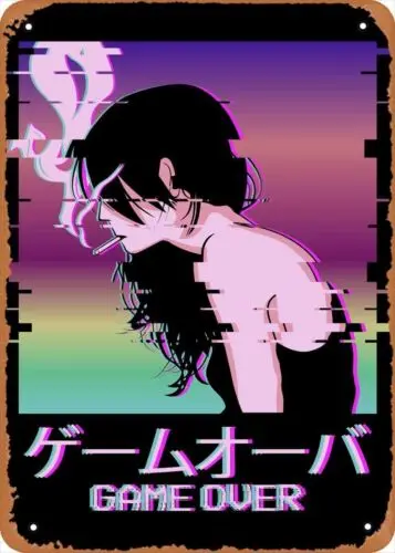 1p,Anime Metal Poster metal tin sign Vaporwave Smoking Sad Girl Wall Art Decor