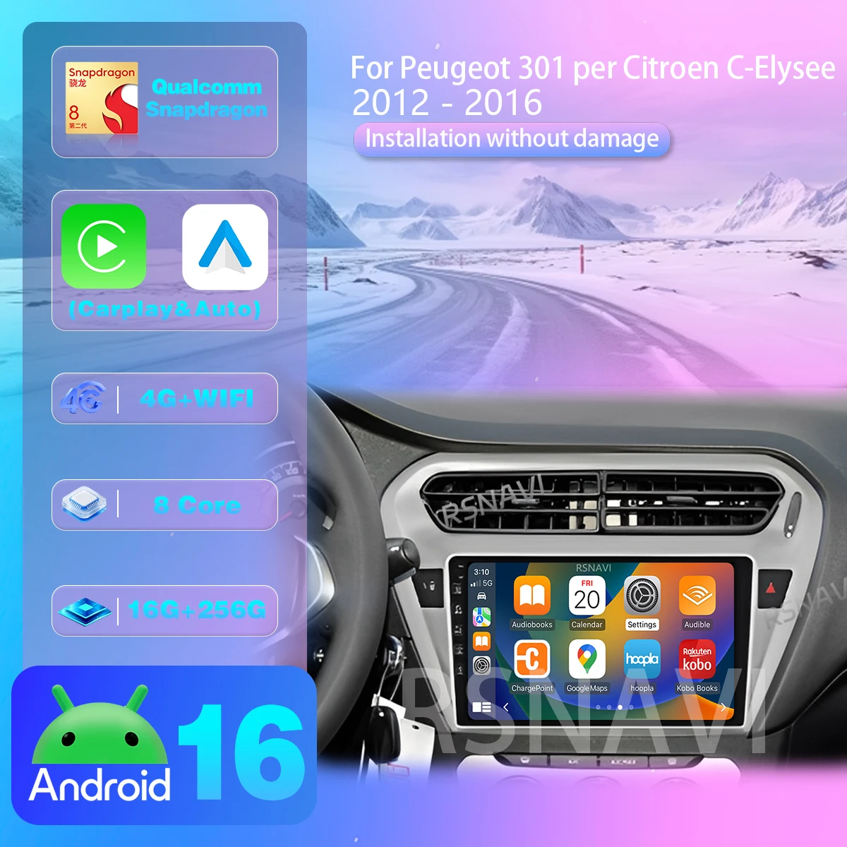 RSNAVI Android 16 For Peugeot 301 C-Elysee CElysee 2012 - 2016 Carplay Auto Car Radio 2K QLED Screen Ships in 24 hours Wireless