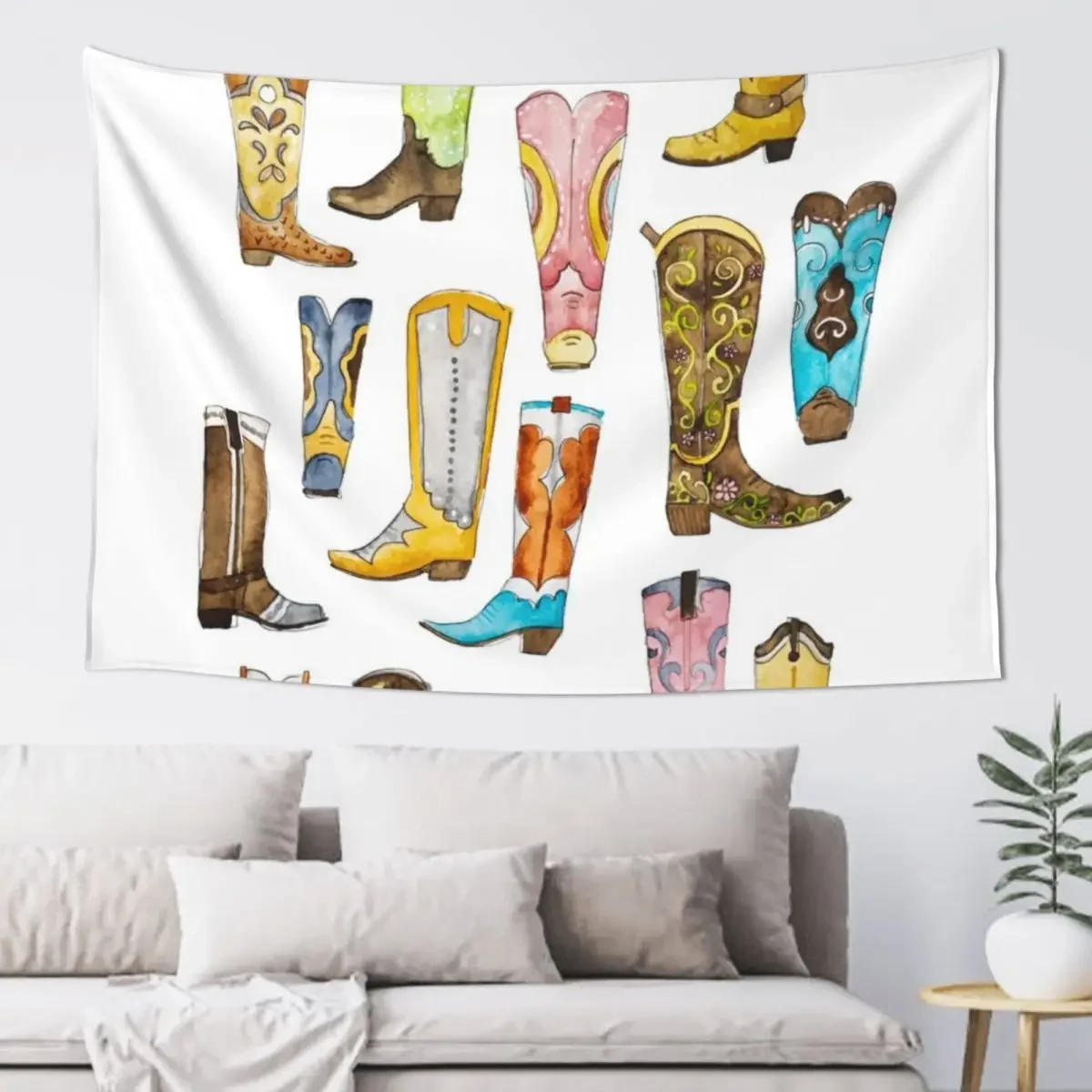 Watercolor Cowboy Boots Tapestry Decor For Bedroom Wallpaper Tapestry