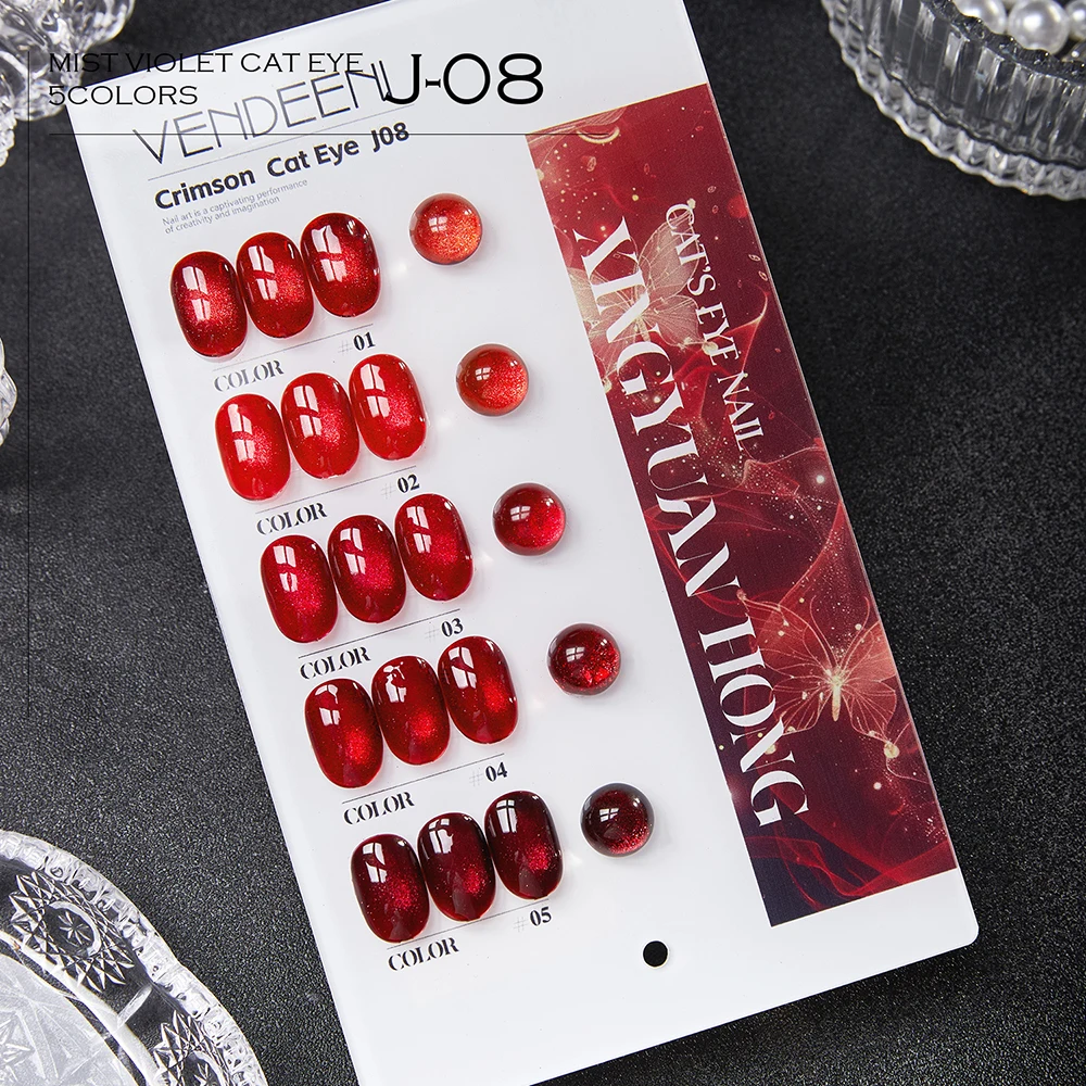 Vendeeni 5 Farben/Set Roter Katzenaugen-Gel-Nagellack Semi-Permanenter Magnetischer UV-LED-Gel-Lack Kristall-Katzenaugen-Gel mit Display – Detail 10