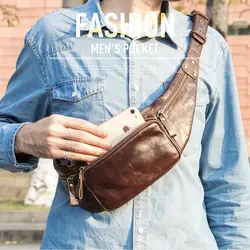 Crazy Horse Leather Men's Waist Bag Mini daily Fanny Chest Pack Cowhide Belt Bag Male Travel Waist Bag For Phone Pouch